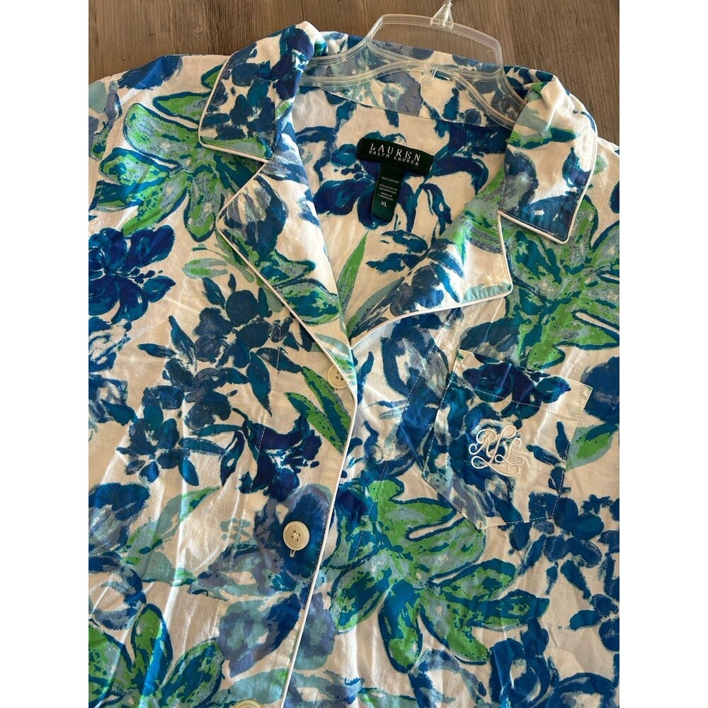 Lauren Ralph Lauren Pajama Top Womens M Size XL Cotton Blue Green Floral